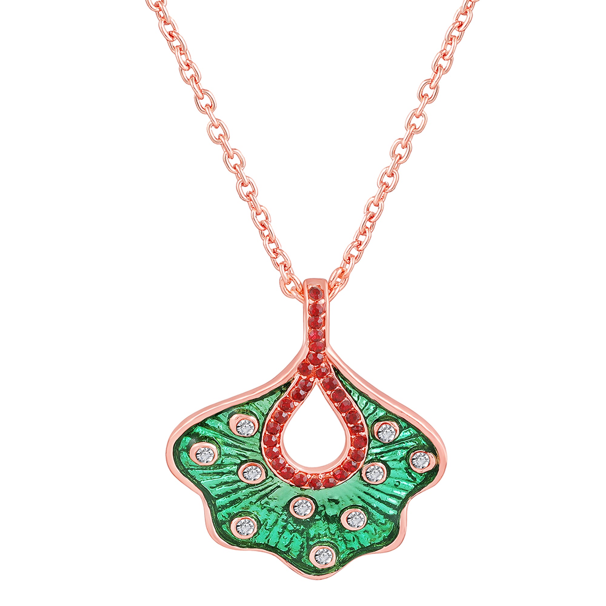 Green Meenakari Work Floral-Fan Shape Pendant