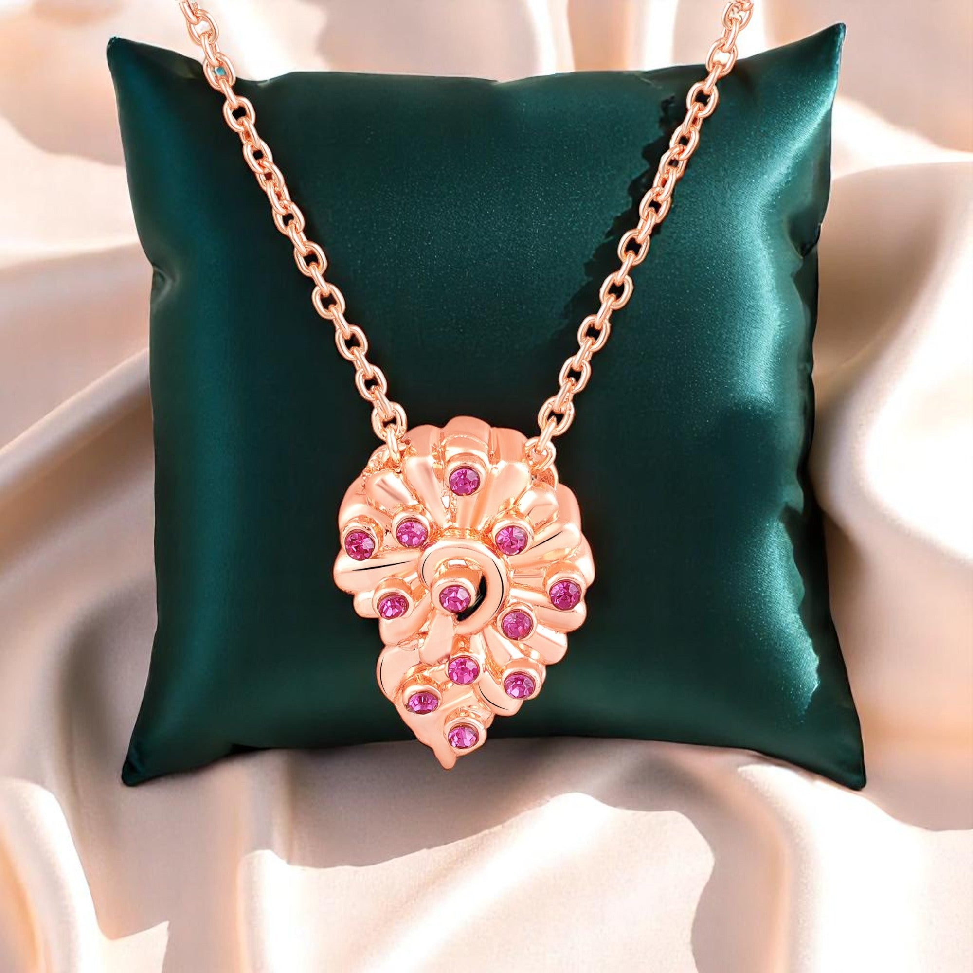 Leaf Motif Pendant with Pink Crystals