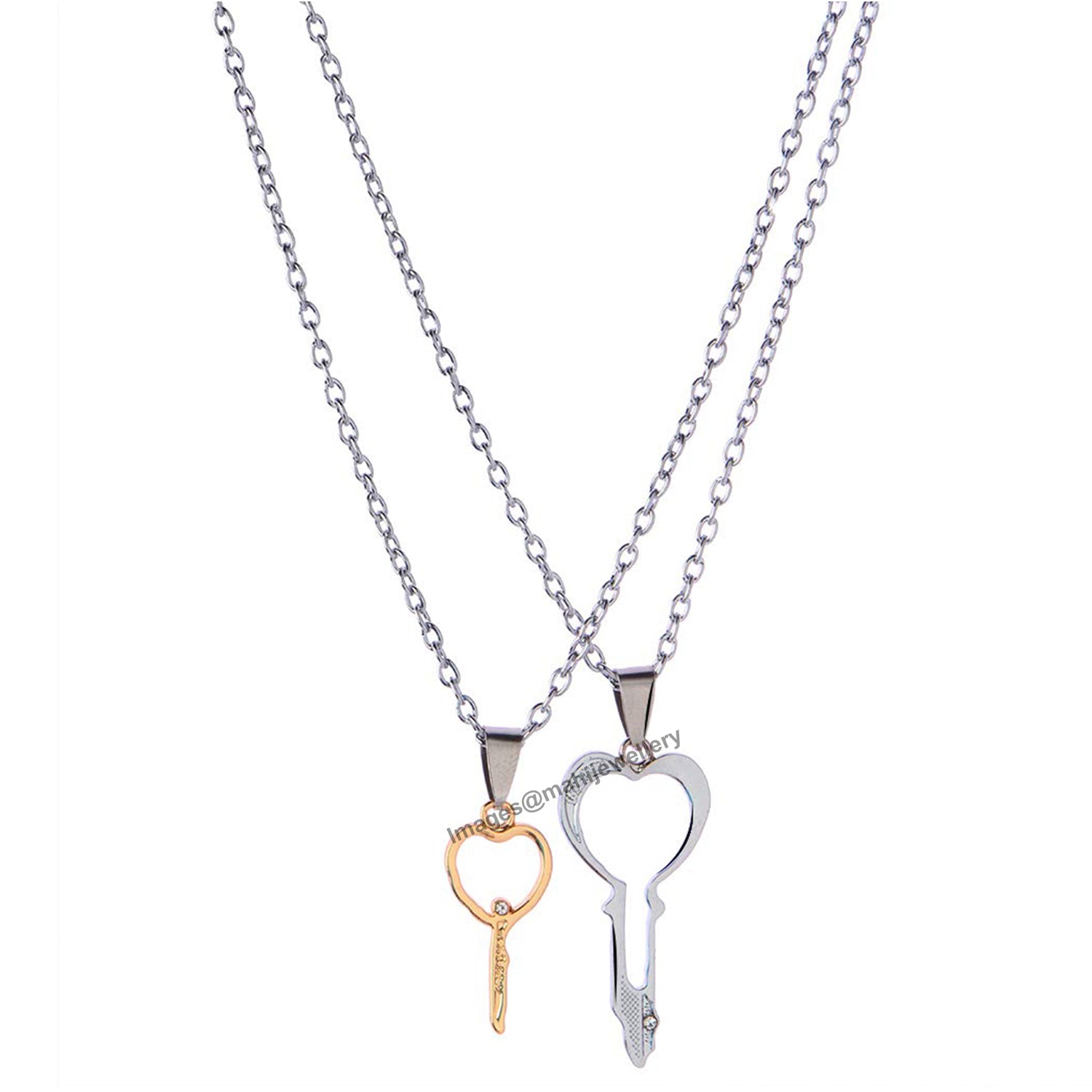 Gold and Silver Color Heart Key Shaped Couple Pendant Necklaces