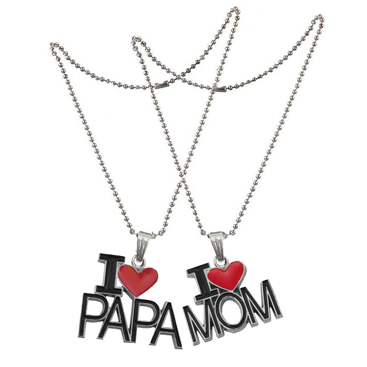 I Love Mom'' & ''I Love Dad'' Letter Heart Meena Enamelled Pendant Combo with Ball Chain