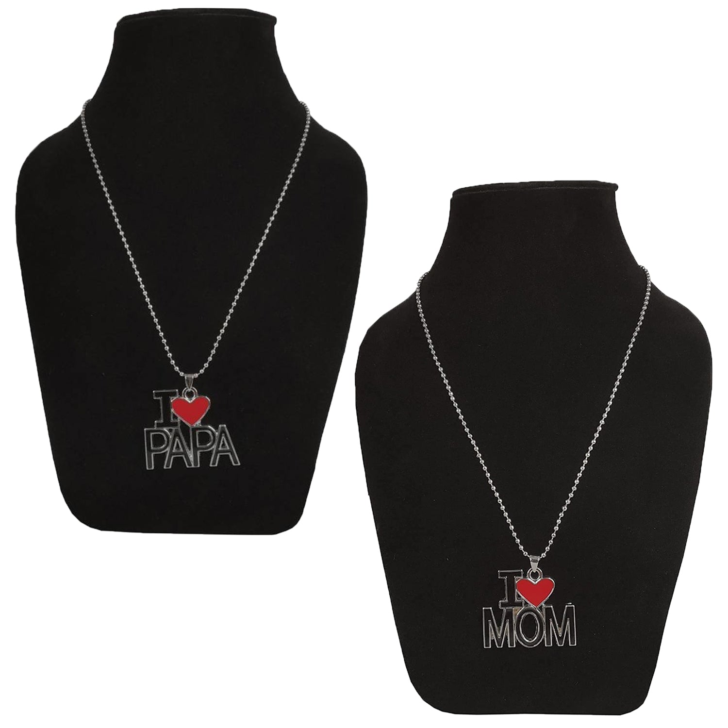 I Love Mom'' & ''I Love Dad'' Letter Heart Meena Enamelled Pendant Combo with Ball Chain
