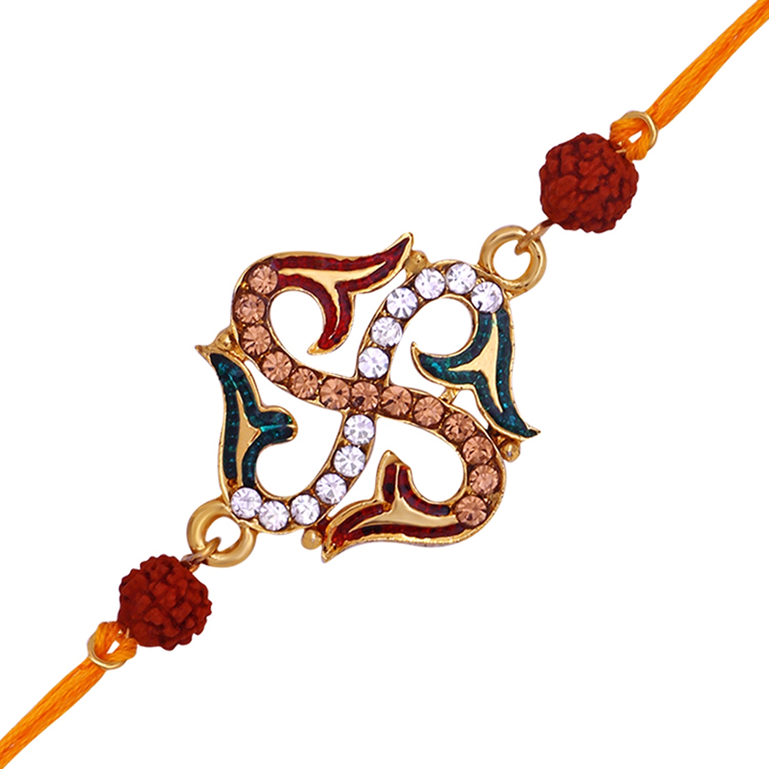 Religious Swastik Rudraksha Rakhi with Brown and White Crystals