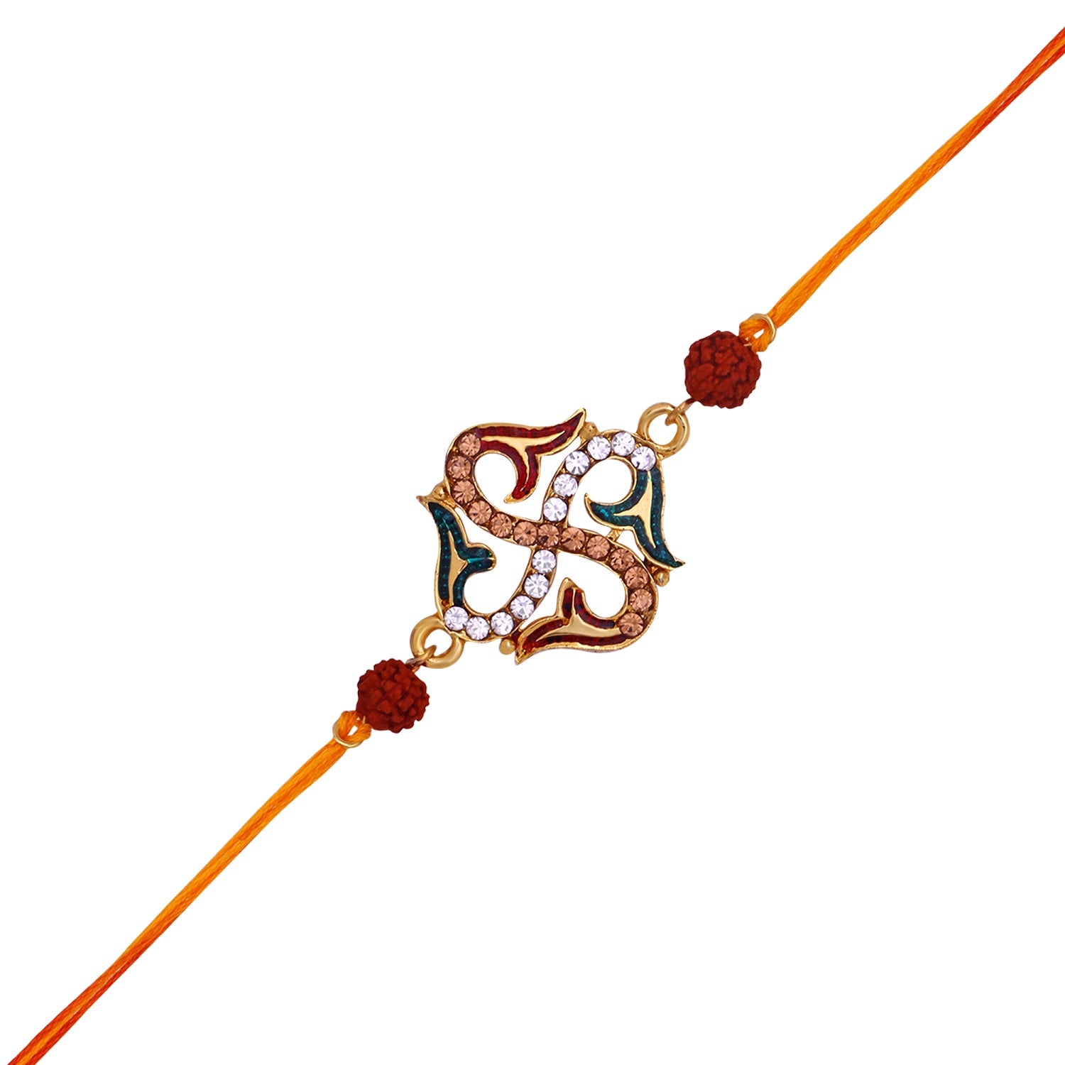 Religious Swastik Rudraksha Rakhi with Brown and White Crystals