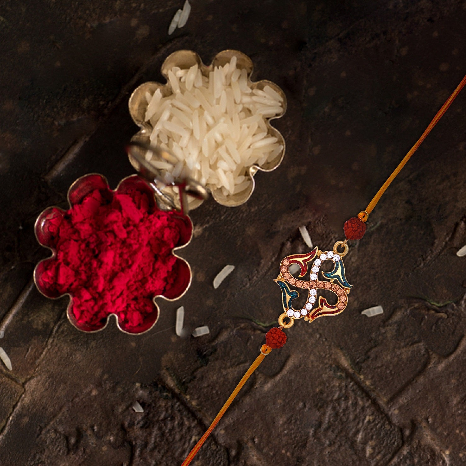 Religious Swastik Rudraksha Rakhi with Brown and White Crystals