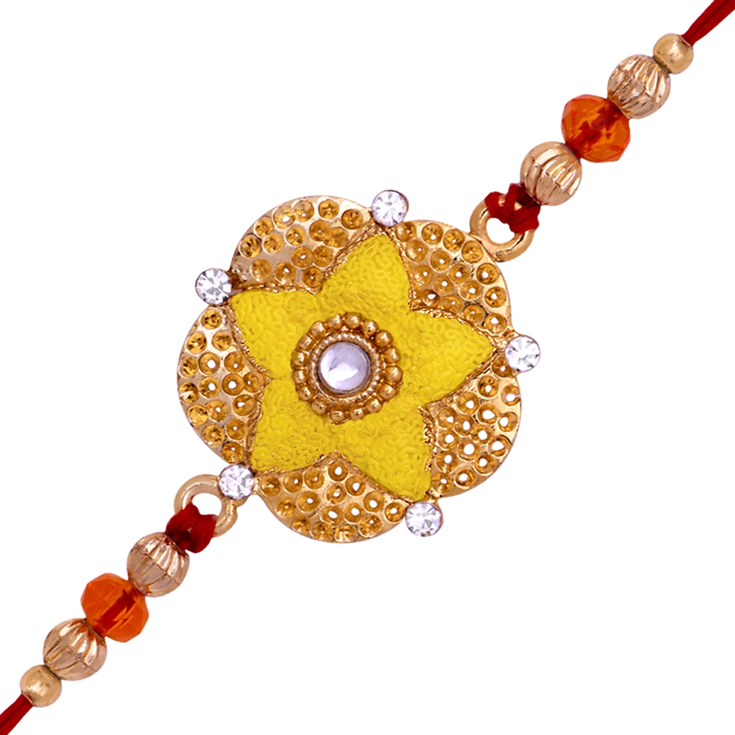 Bright Yellow Meenakari Work Floral Rakhi with White Crystals