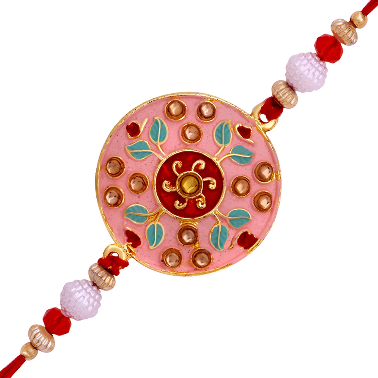Pink and Green Meenakari Enamel Crysral Rakhi