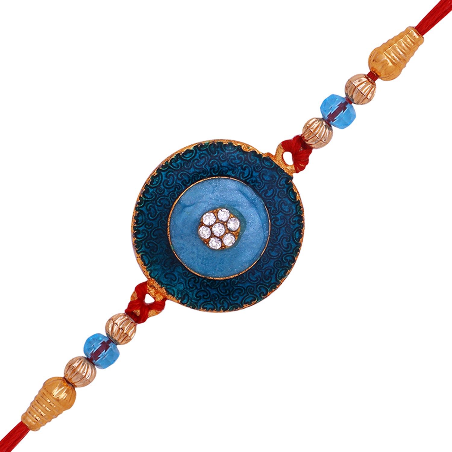 Blue Meenakari Work and White Crystal Round Rakhi