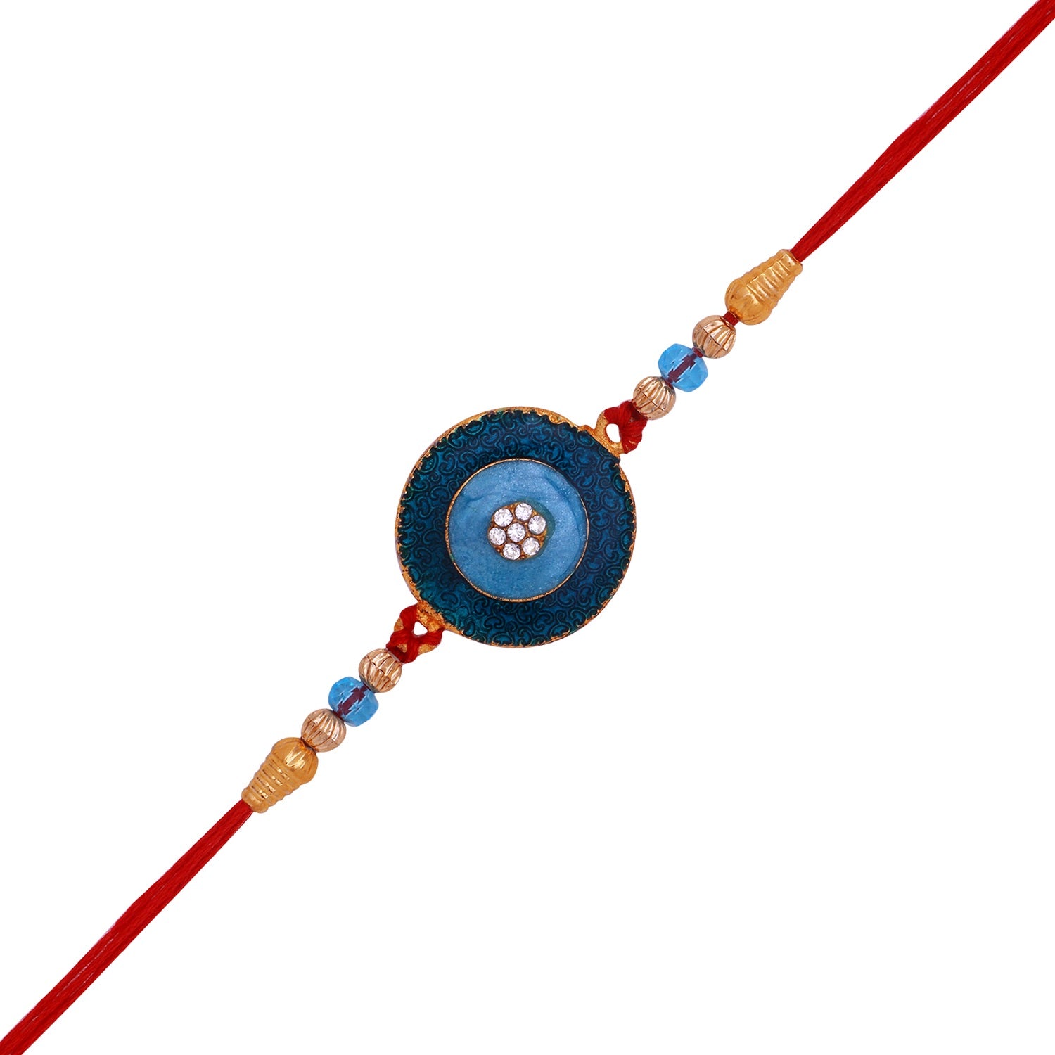 Blue Meenakari Work and White Crystal Round Rakhi