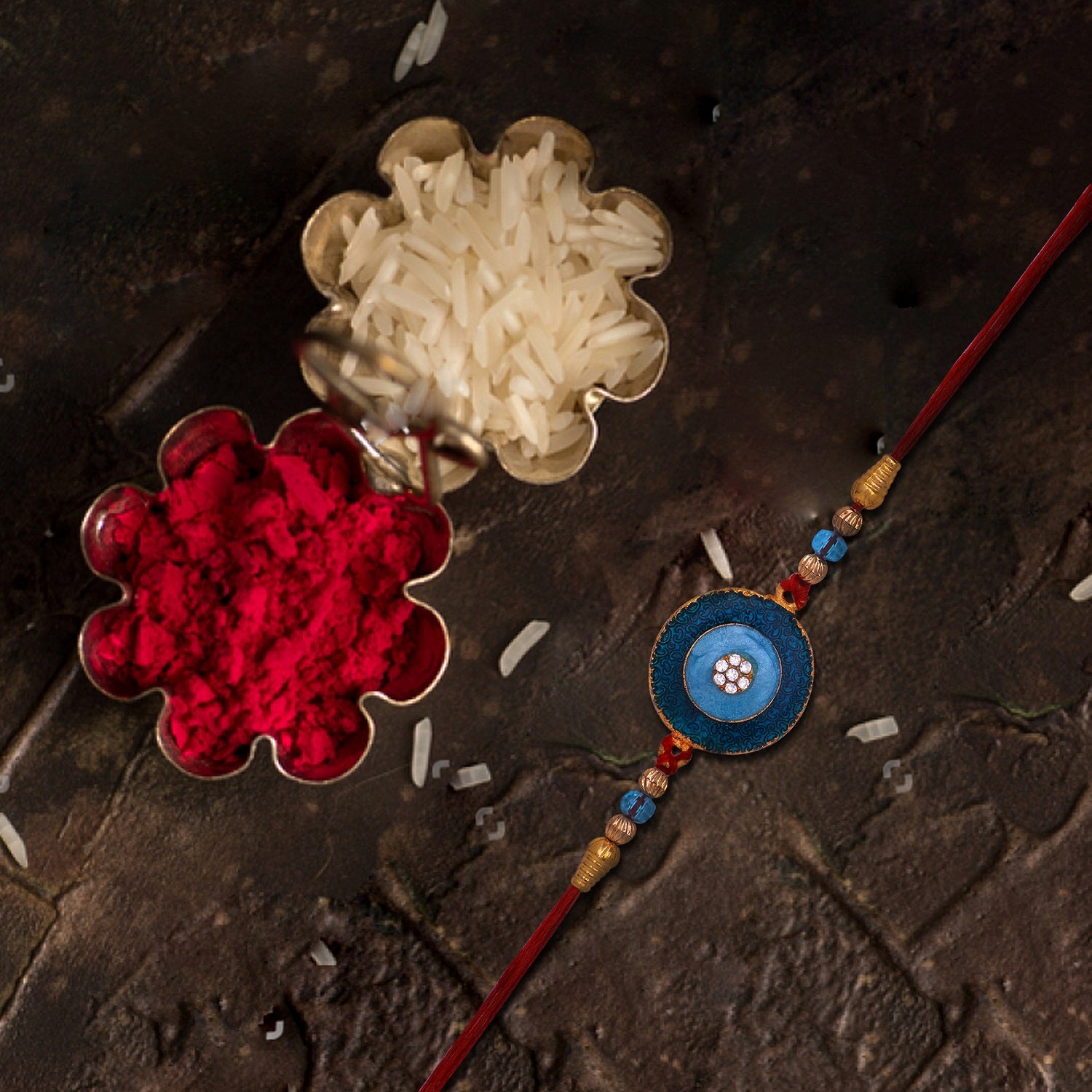 Blue Meenakari Work and White Crystal Round Rakhi