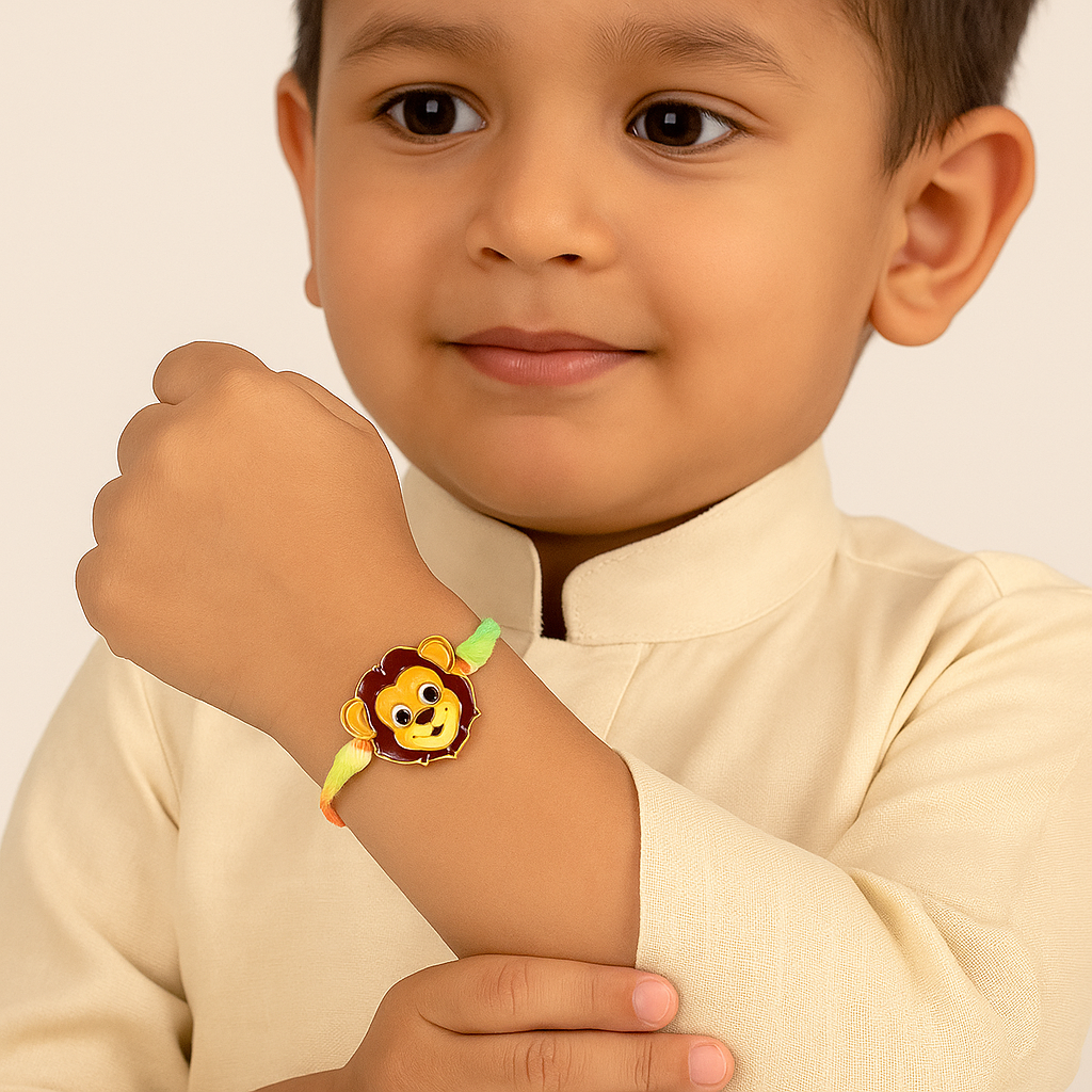 Meena Work Enameled Lion-Shaped Carton Rakhi