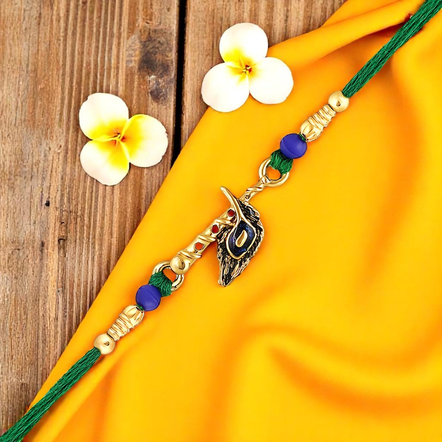 Krishna Flute, Meena Work Peacock Feather-Shaped Rakhi
