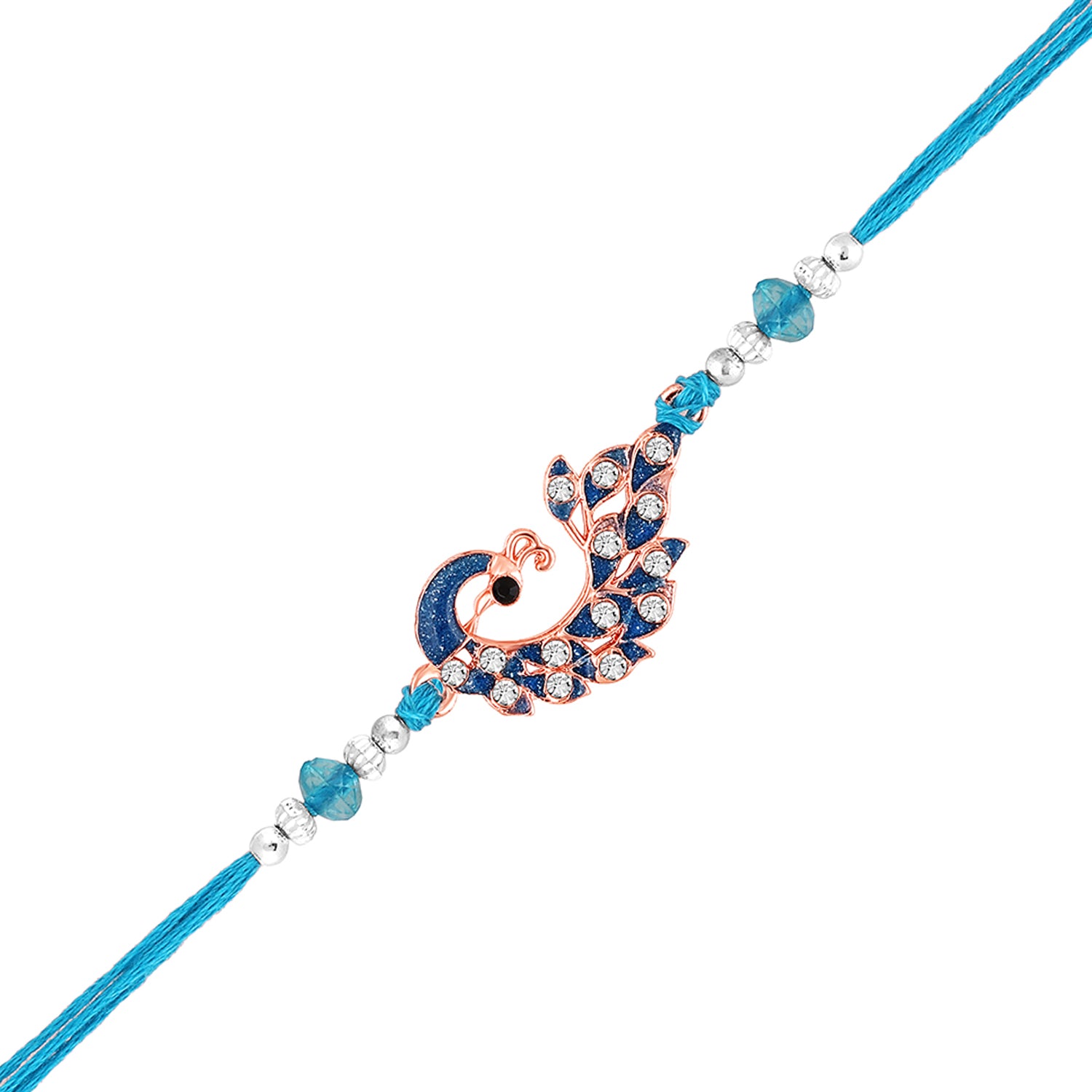Rose Gold Plated Blue Glossy Meenakari Work Peacock-Shaped Fancy Rakhi