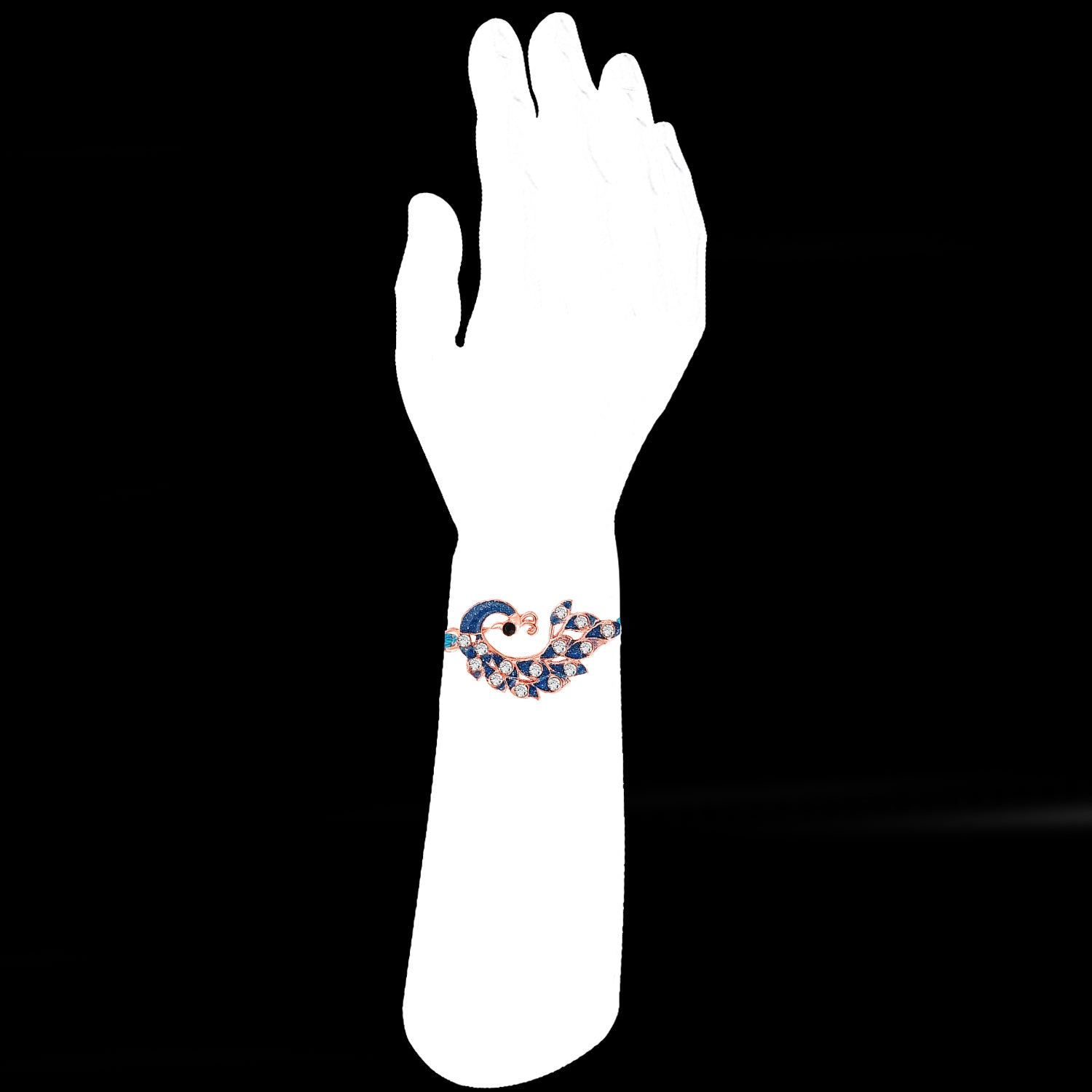 Rose Gold Plated Blue Glossy Meenakari Work Peacock-Shaped Fancy Rakhi