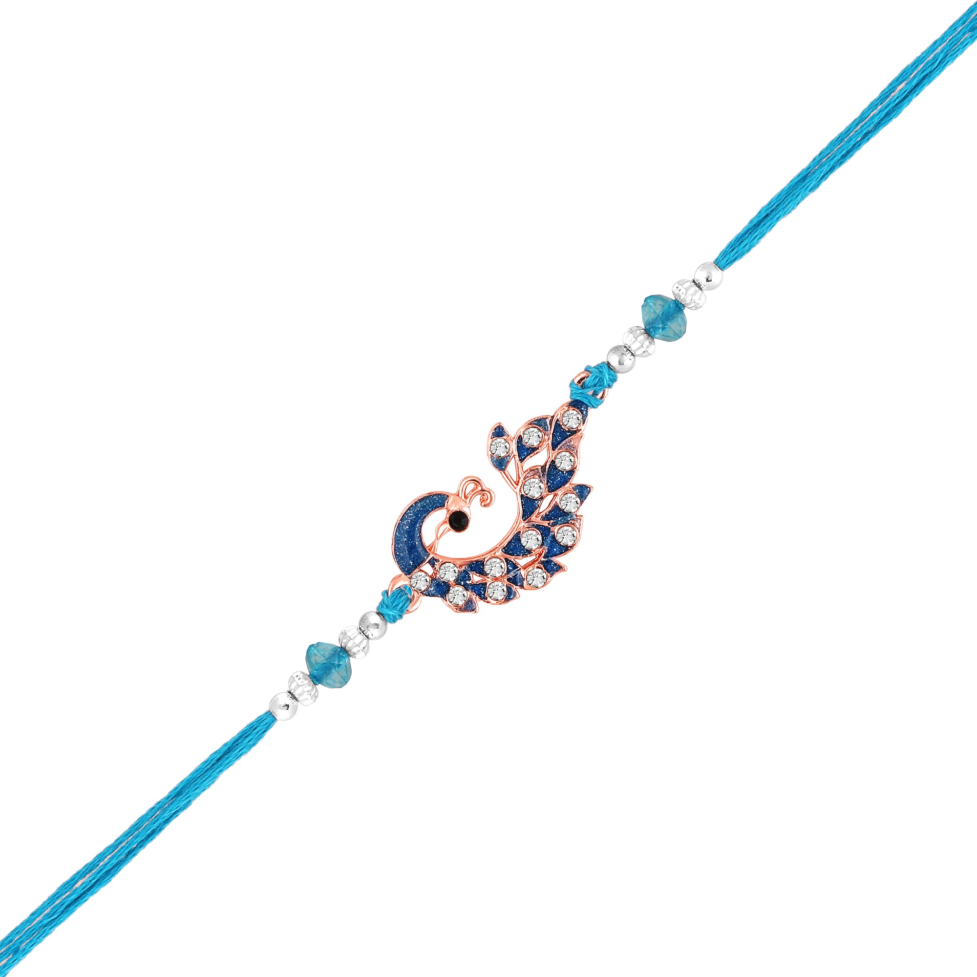 Rose Gold Plated Blue Glossy Meenakari Work Peacock-Shaped Fancy Rakhi