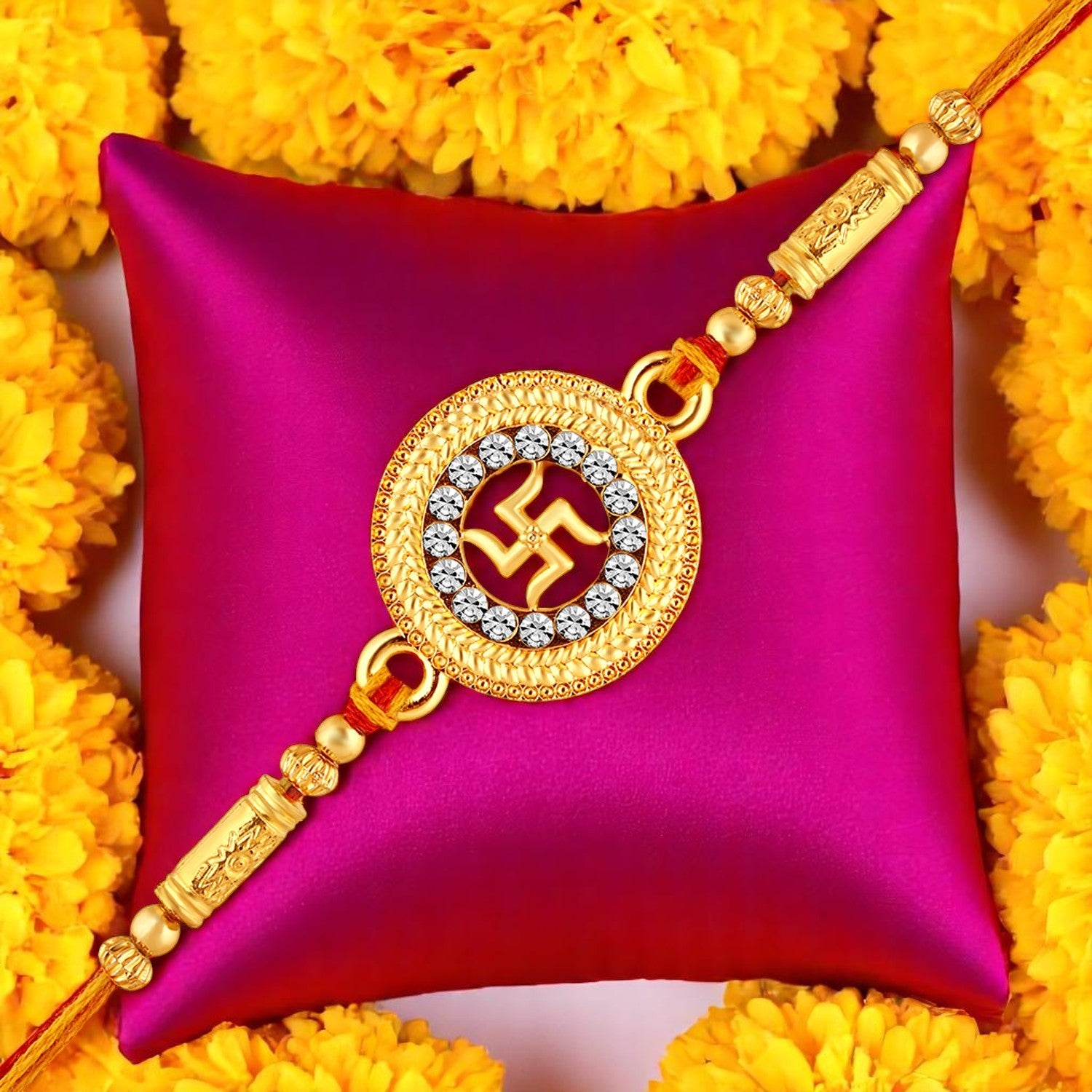 Round and Swastik Crystal Studed Rakhi