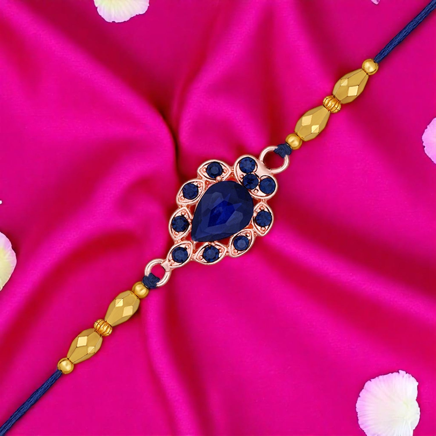 Mahi Rose Gold Plated Blue Crystals Studded Simple and Classic Rakhi for Bhaiya, Brother, Bhai, Bro (RA1100794ZBlu)