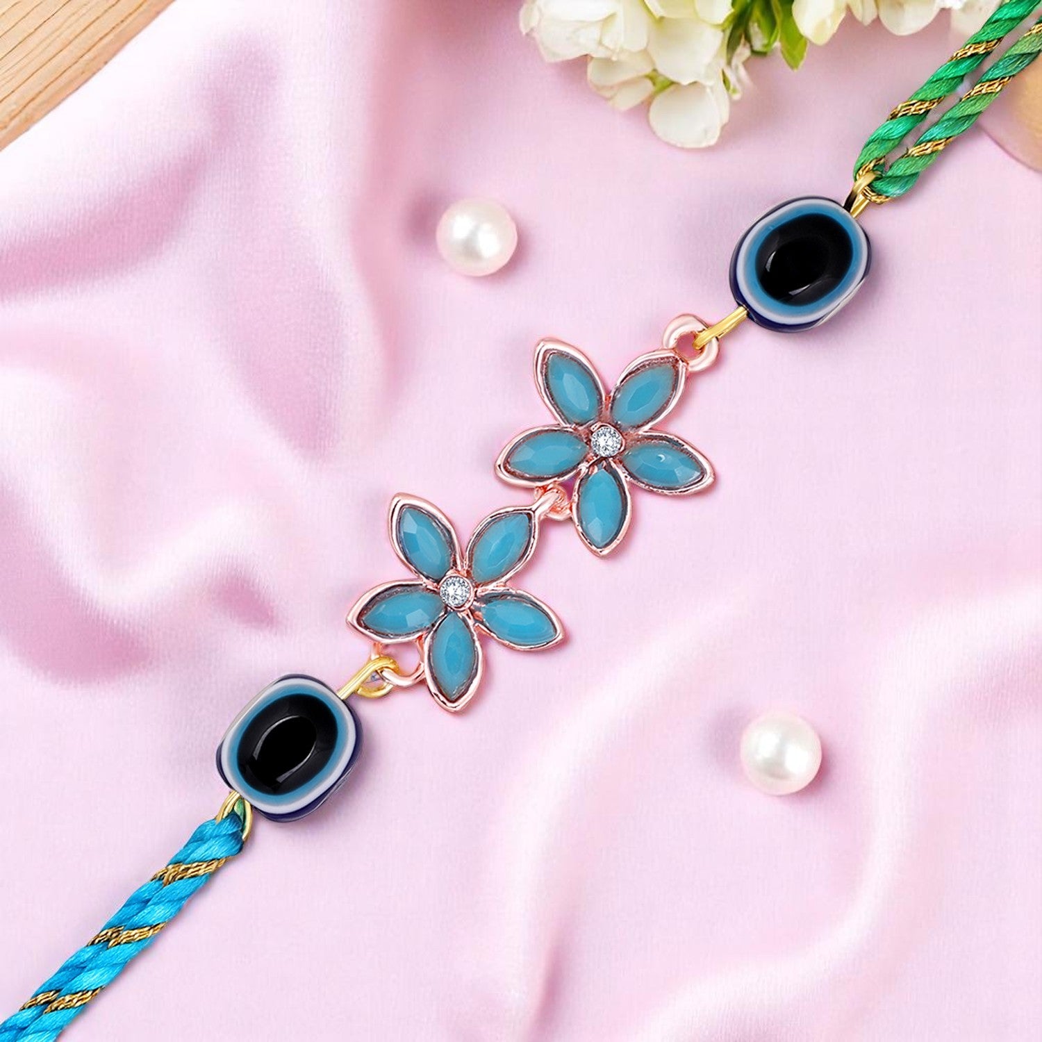 Blue Crystals Floral and Evil Eye Bhaiya Rakhi