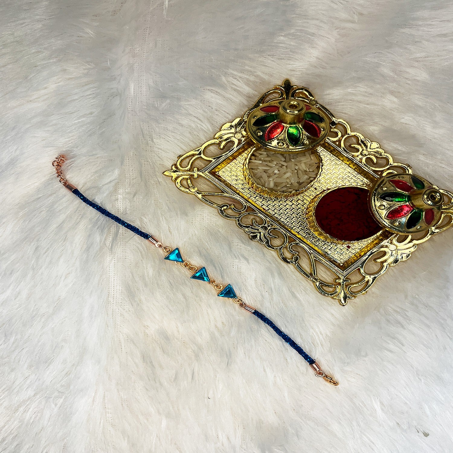 Aqua Blue Triangular Crystals Bracelet Rakhi