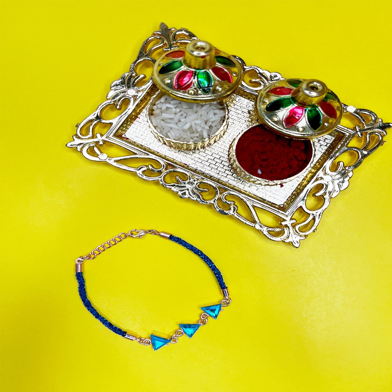 Aqua Blue Triangular Crystals Bracelet Rakhi