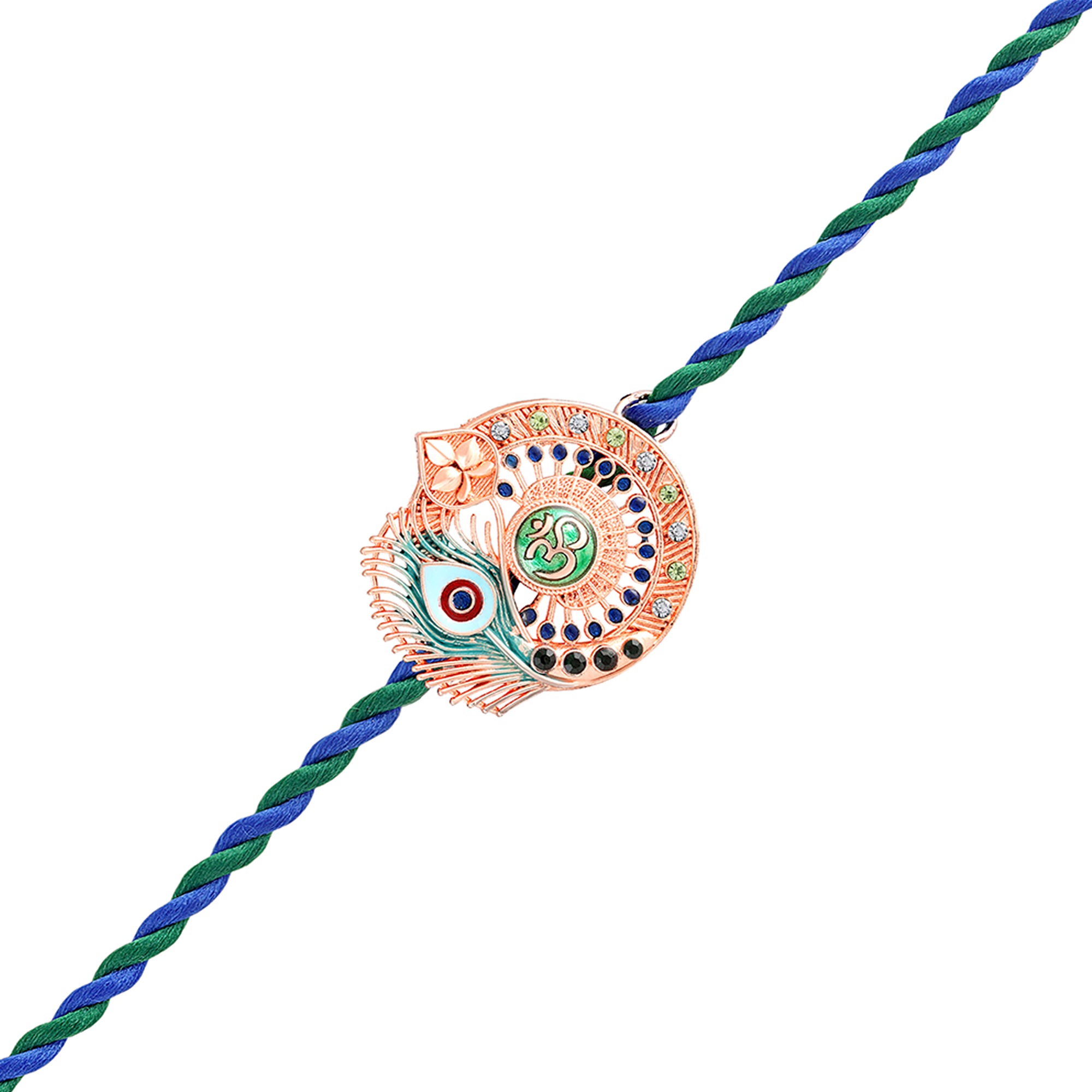 Meena Enamel Om & Peacock-Feather-Theme Rakhi for Brother