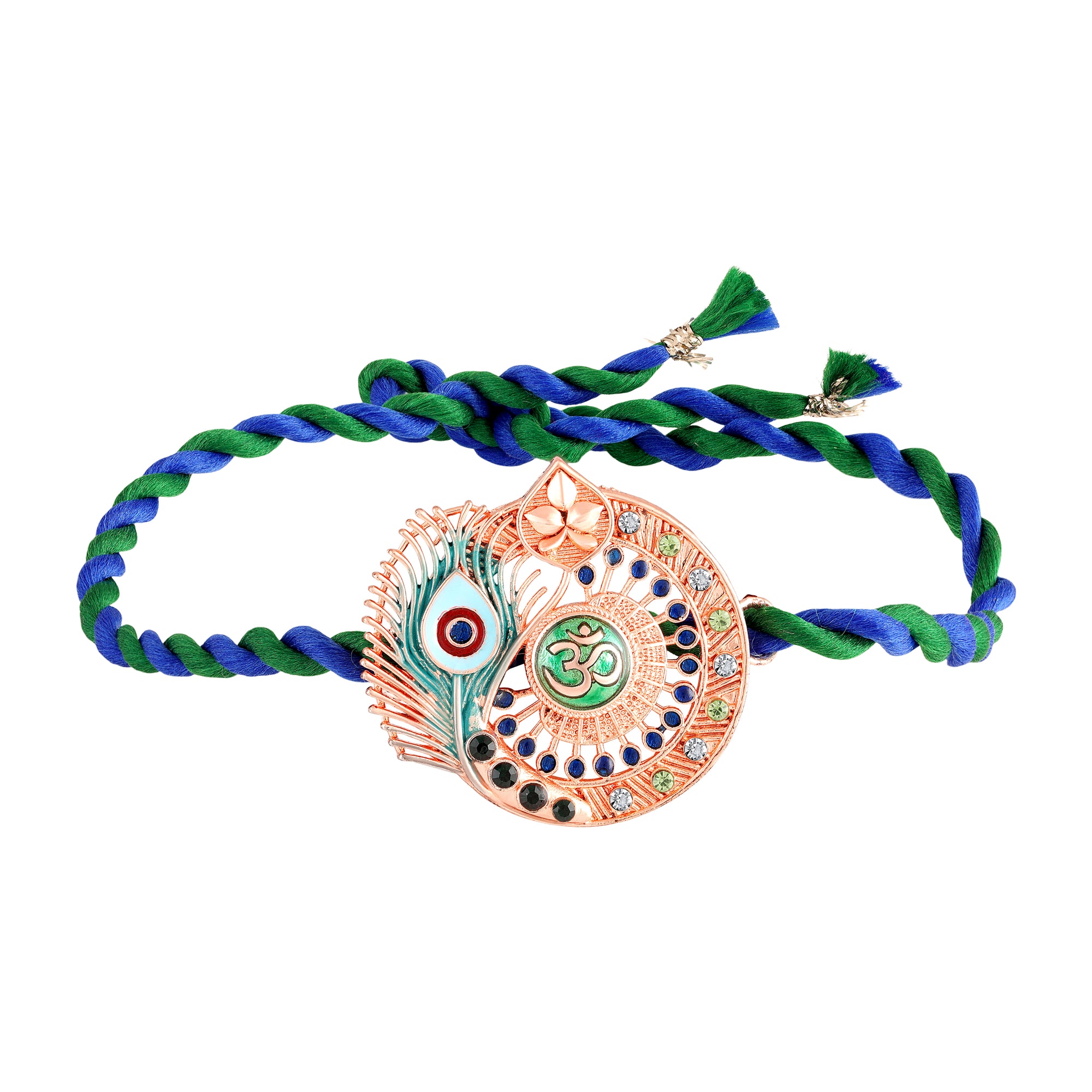 Meena Enamel Om & Peacock-Feather-Theme Rakhi for Brother