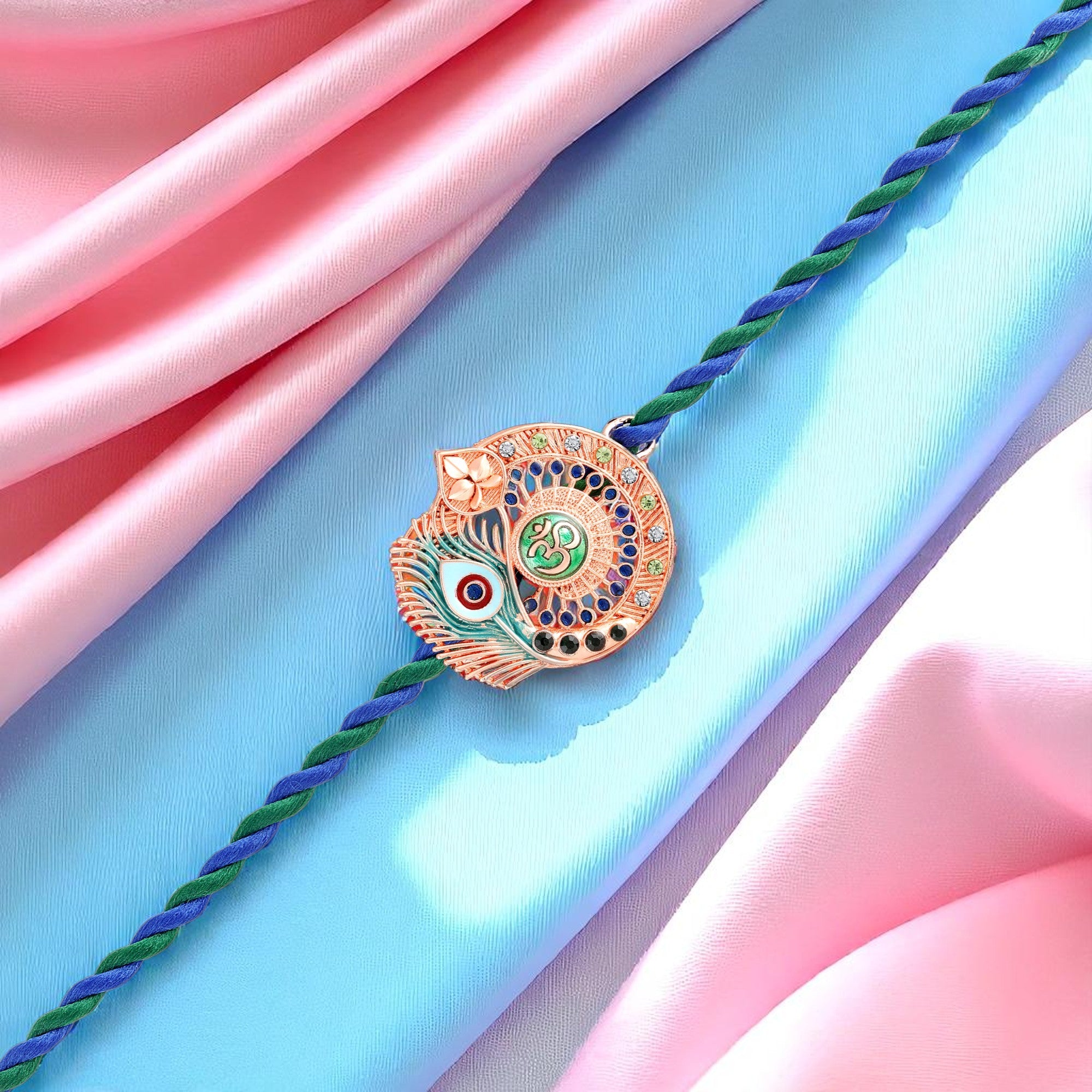 Meena Enamel Om & Peacock-Feather-Theme Rakhi for Brother