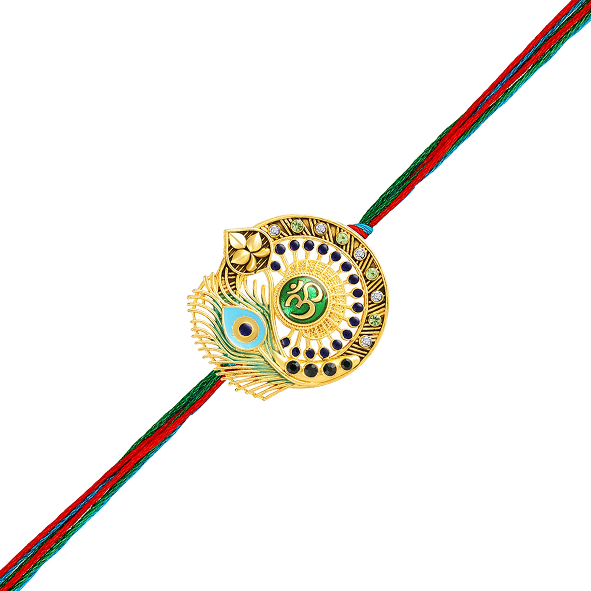 Meena Enamel Om & Peacock-Feather-Theme Rakhi for Brother
