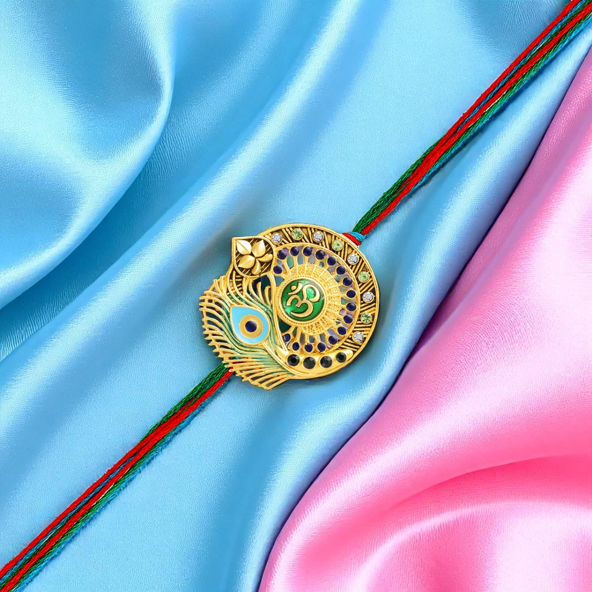 Meena Enamel Om & Peacock-Feather-Theme Rakhi for Brother