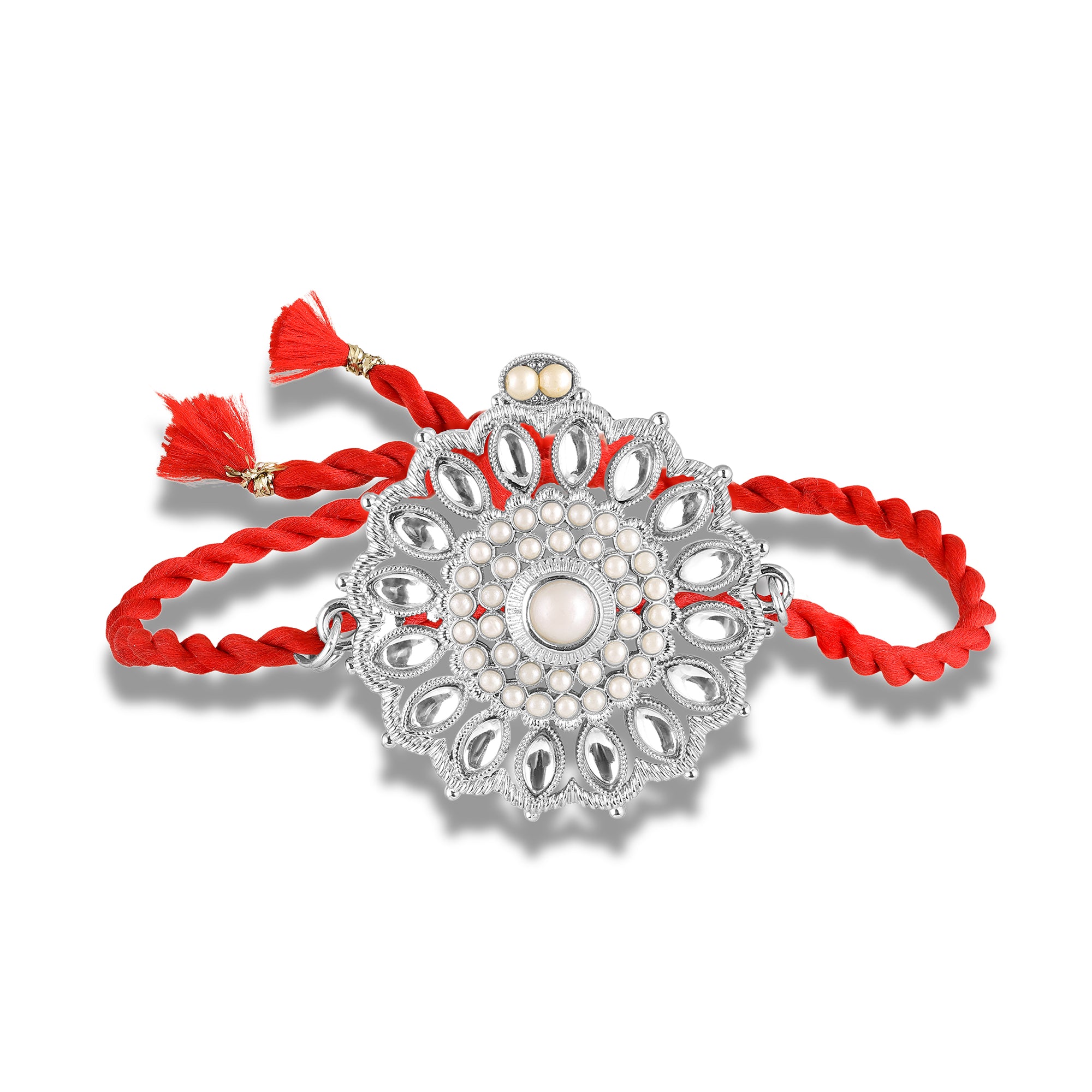 Silver-Toned Motif Floral Rakhi