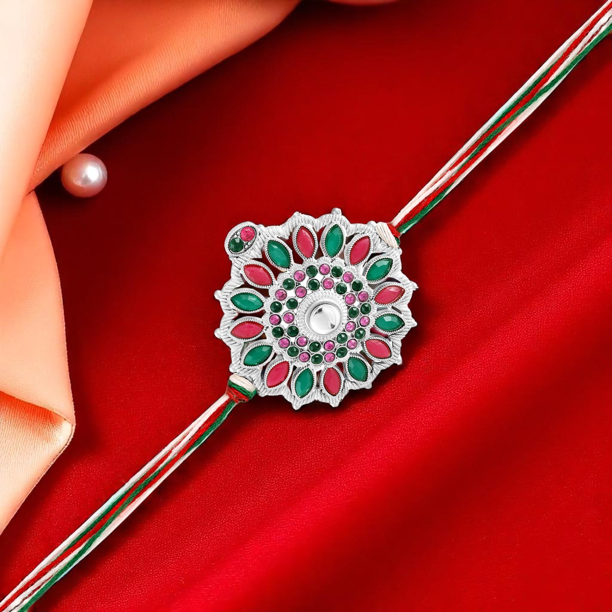 Silver-Toned Motif Floral Rakhi