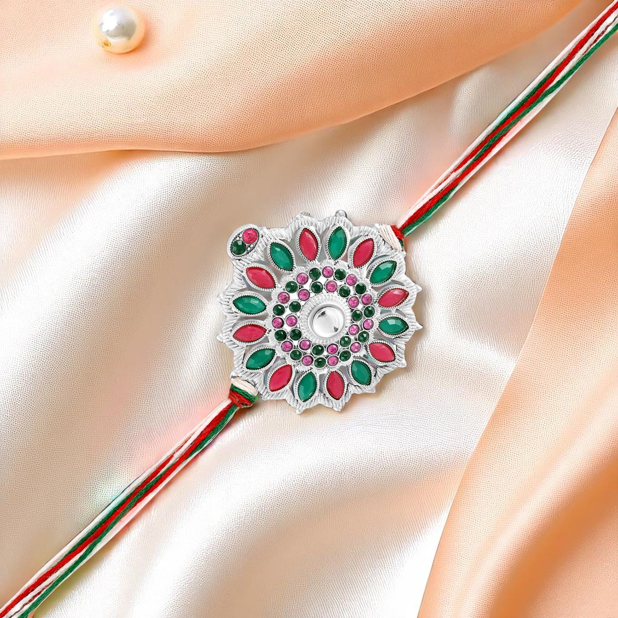 Silver-Toned Motif Floral Rakhi