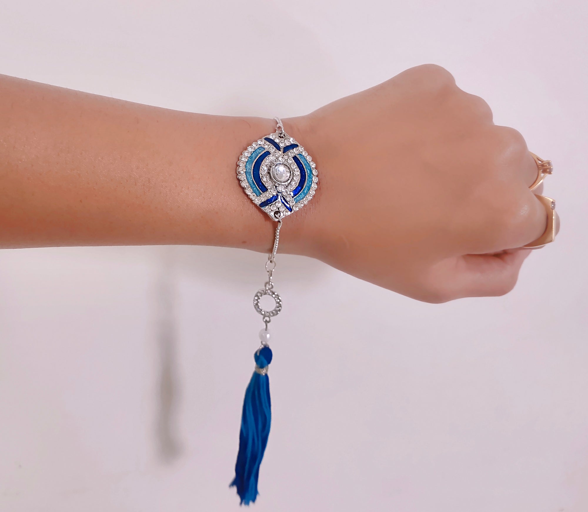 Blue Meena Work Enamel Lumba Rakhi with Tassel