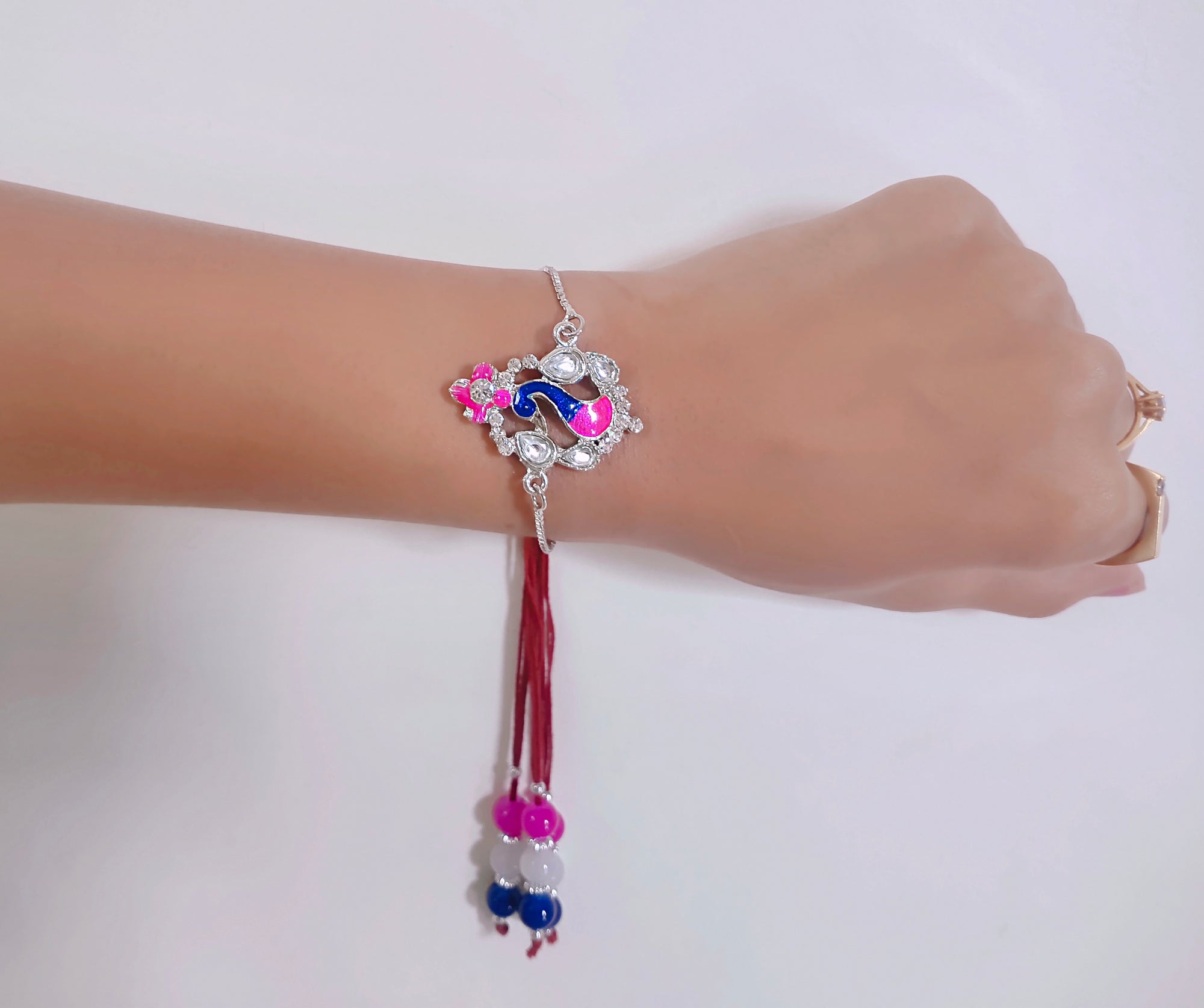 Peacock Shaped Meena Work Enamel Lumba Rakhi