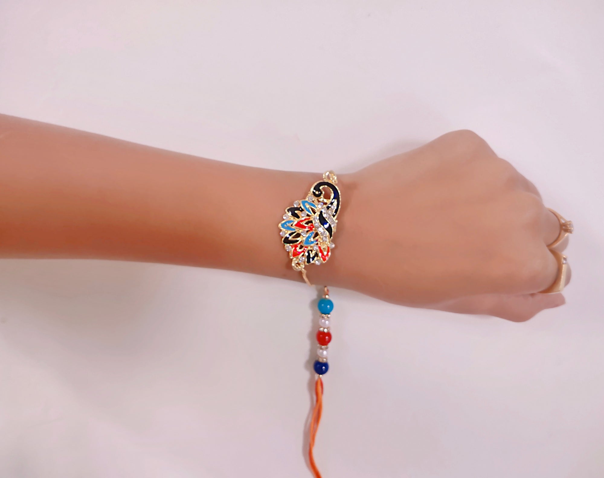 Peacock Shaped Meena Work Enamel Lumba Rakhi