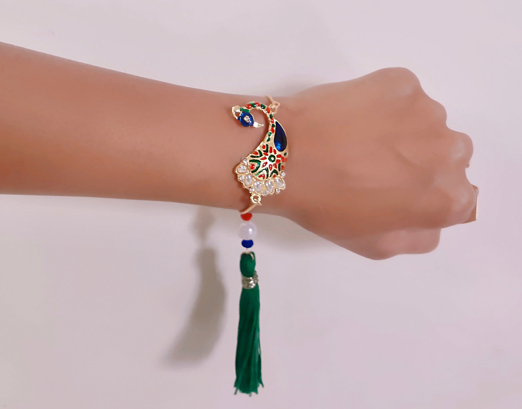 Peacock Shaped Meena Work Enamel Lumba Rakhi