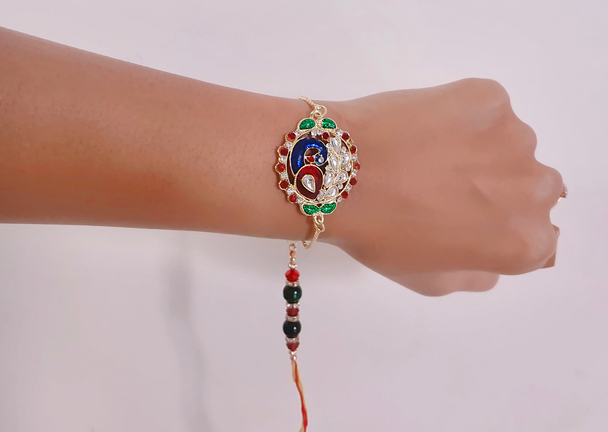 Peacock Shaped Meena Work Enamel Lumba Rakhi