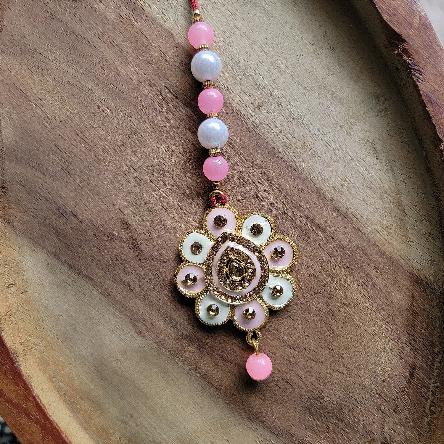 Floral Shaped Pink Meenakari Work Lumba Rakhi