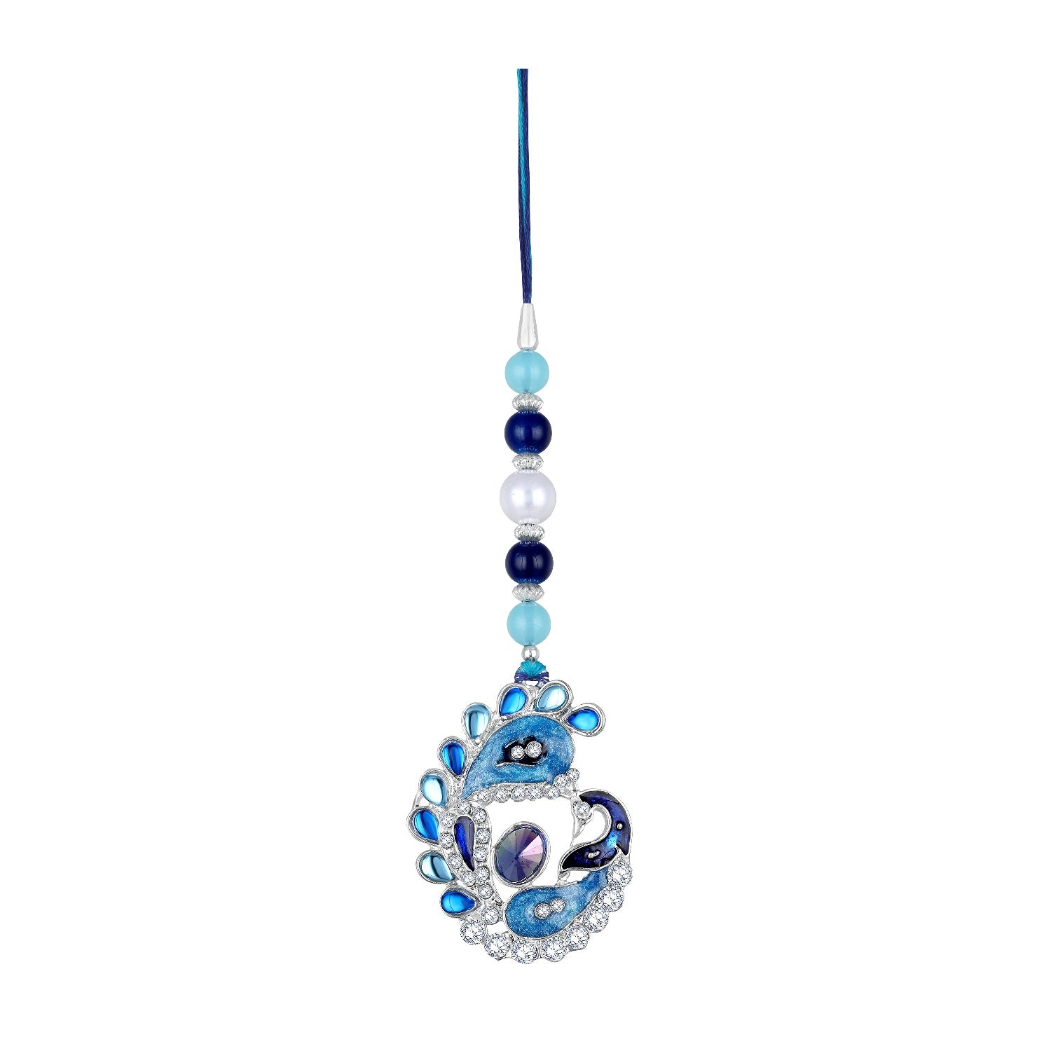 Blue Meenakari Work Peacock Shaped Lumba Rakhi