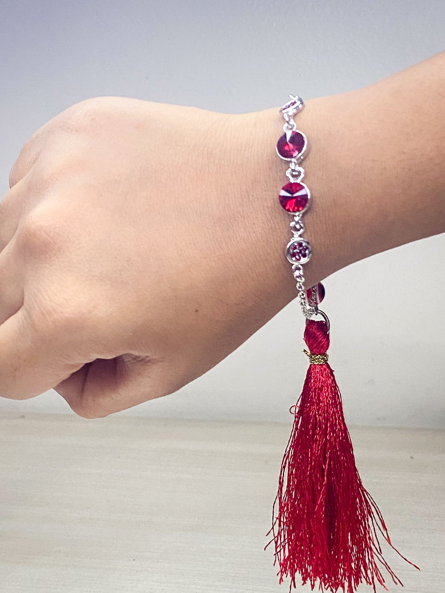 Red Evil Eye with Sudded Crystals Lumba Rakhi with Tassel