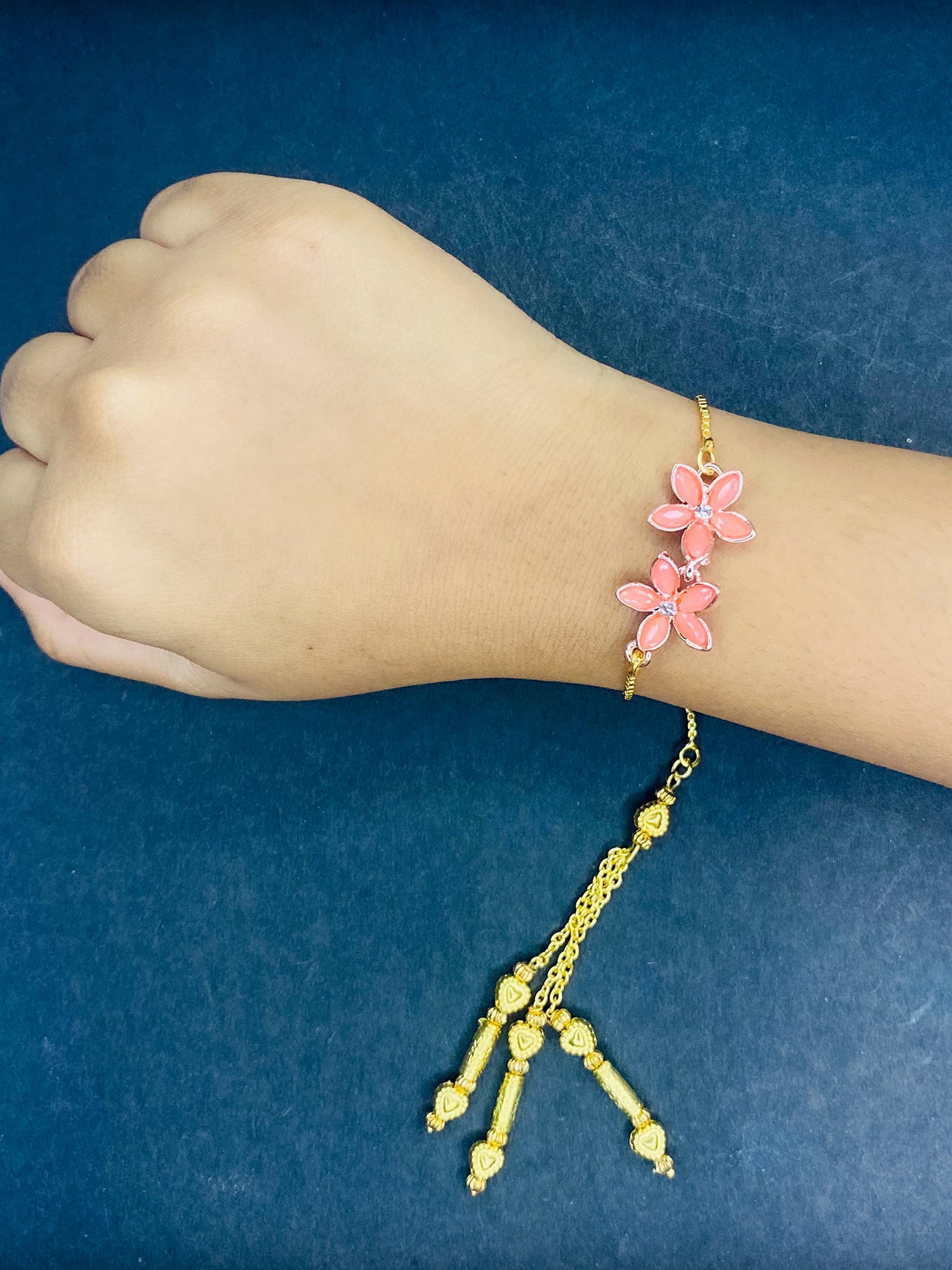 Carrot Pink Crystals Floral Lumba Rakhi