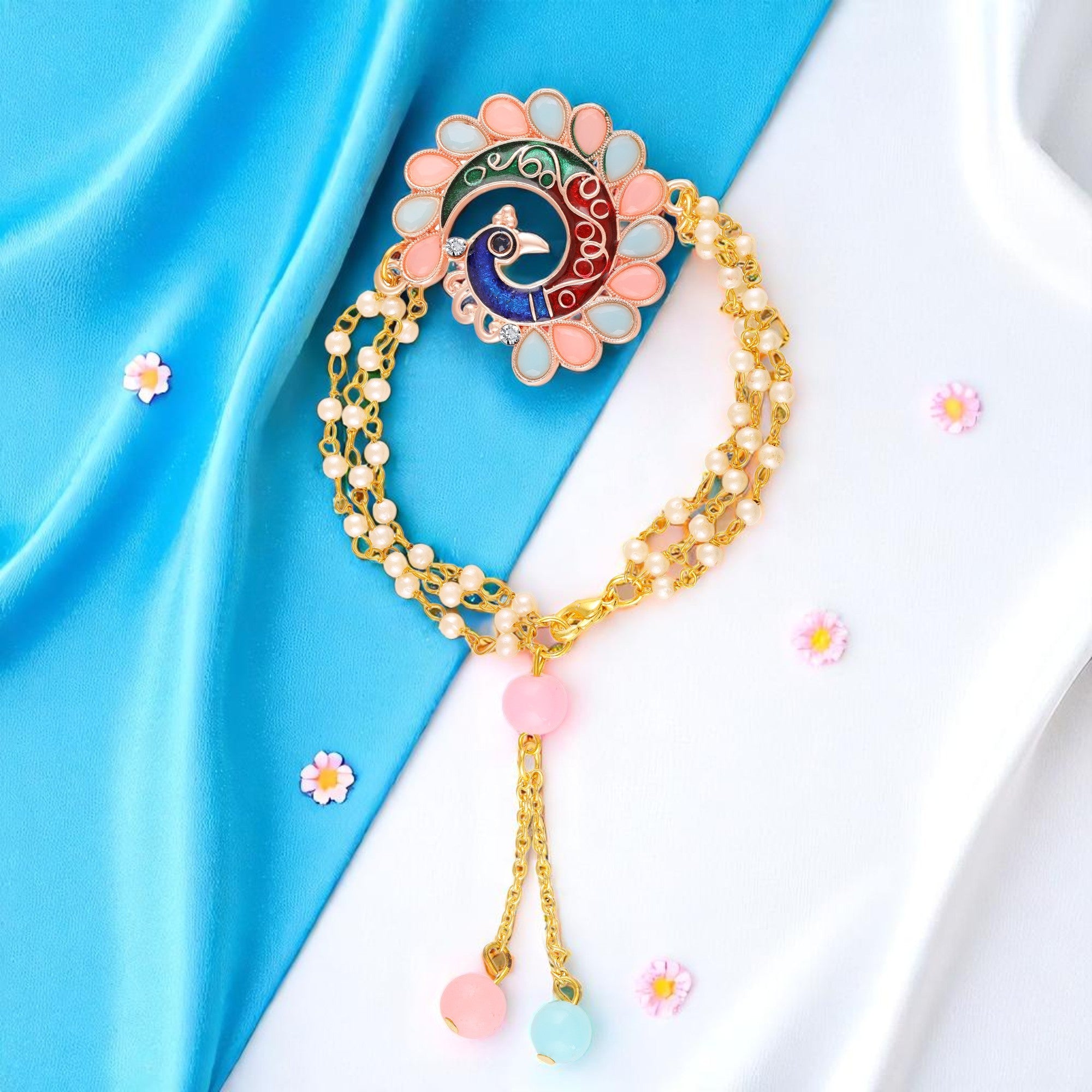 Multicolor Peacock-Shaped Lumba Rakhi for Bhabhi