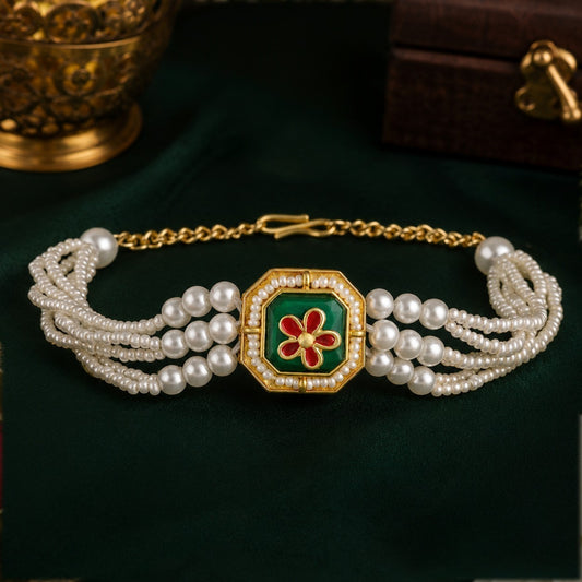 Green Floral Meena and Artificial Pearl Lumba Rakhi