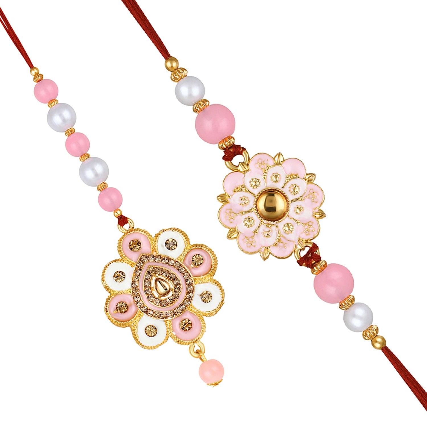 Floral Shaped Pink Meenakari Work Bhaiya Bhabhi Couple Rakhi