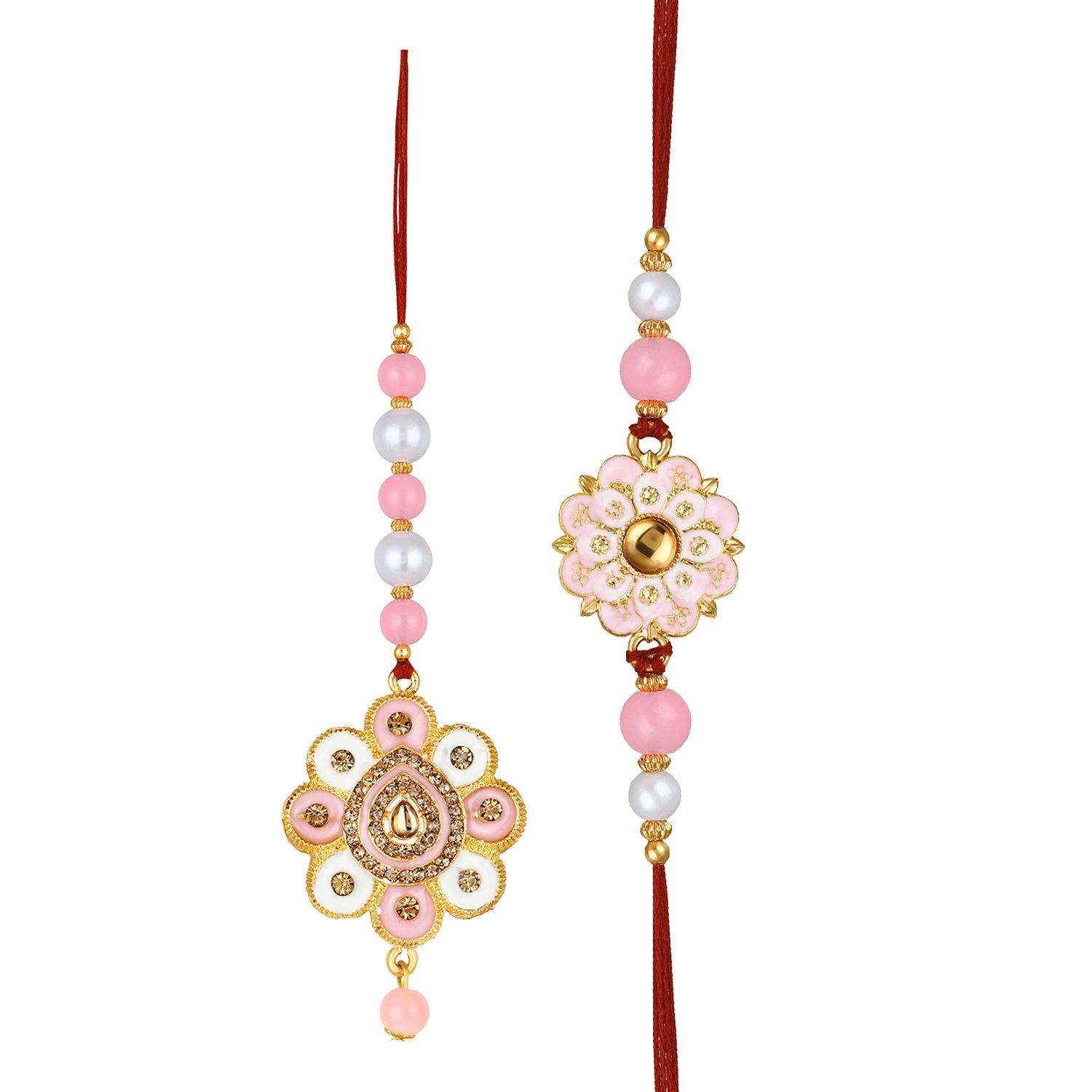 Floral Shaped Pink Meenakari Work Bhaiya Bhabhi Couple Rakhi