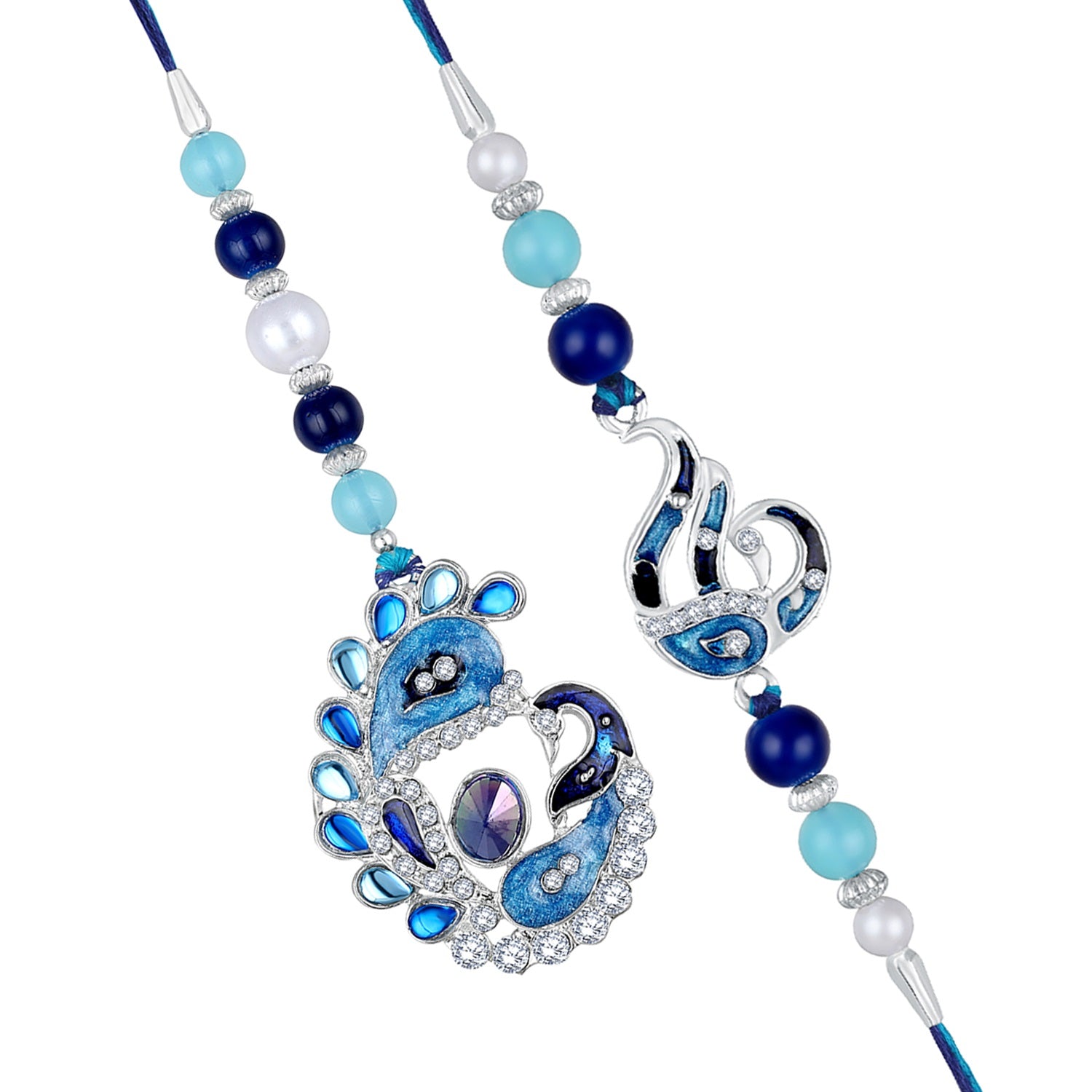 Blue Meenakari Work Peacock Shaped Bhaiya Bhabhi Couple Rakhi