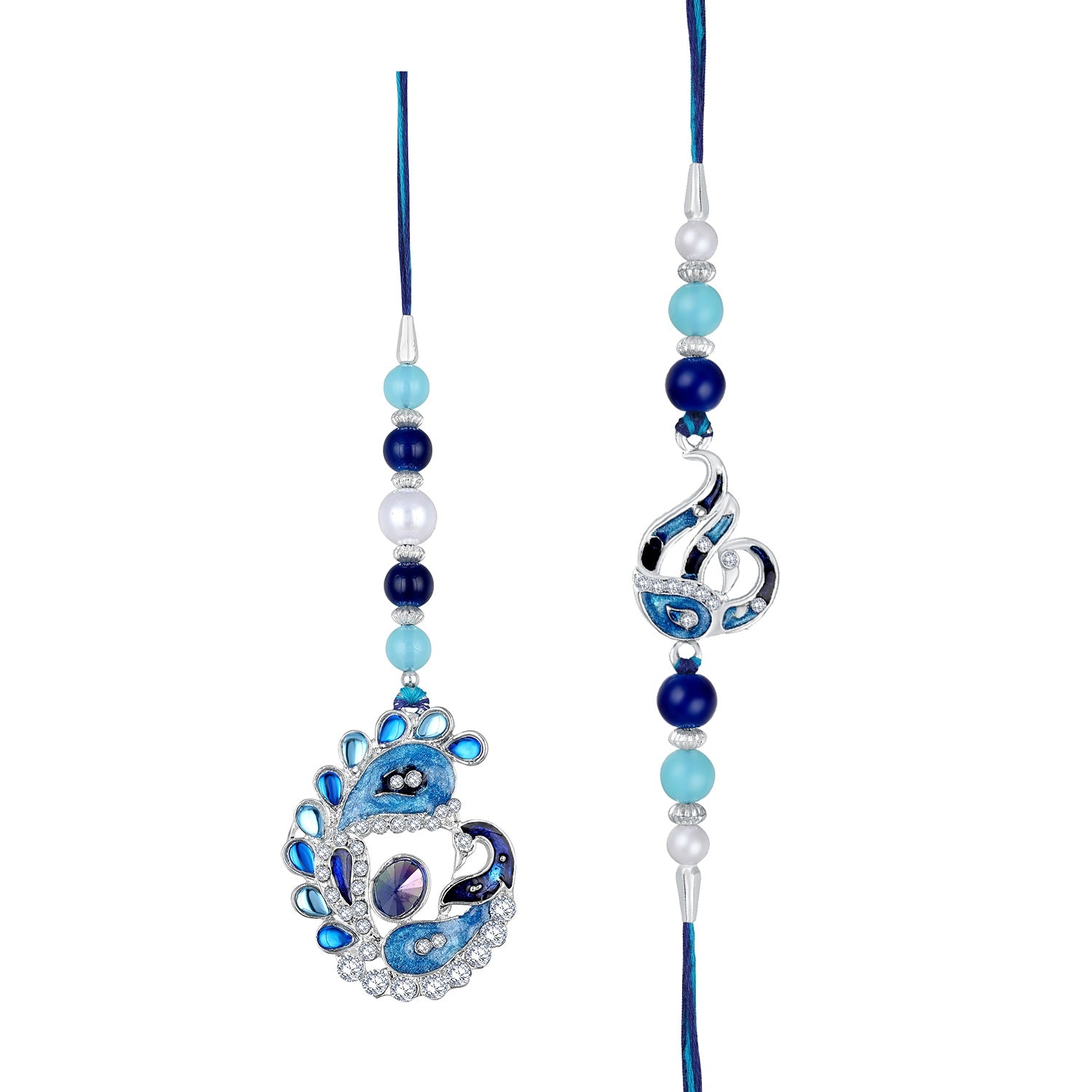Blue Meenakari Work Peacock Shaped Bhaiya Bhabhi Couple Rakhi