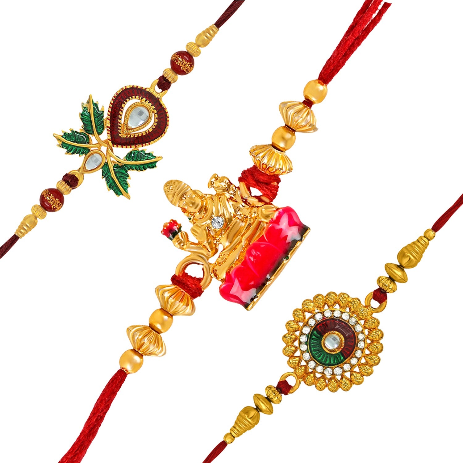 Exquisite Laxmi mata, Kalash and floral rakhis combo