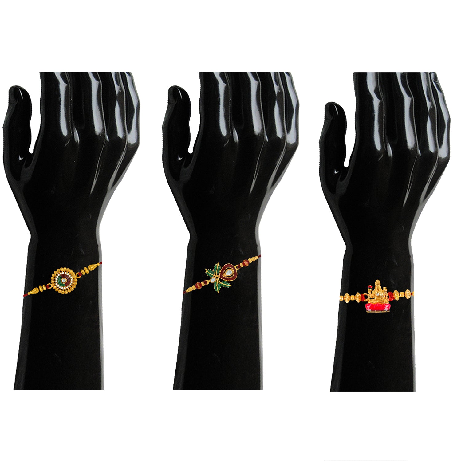 Exquisite Laxmi mata, Kalash and floral rakhis combo