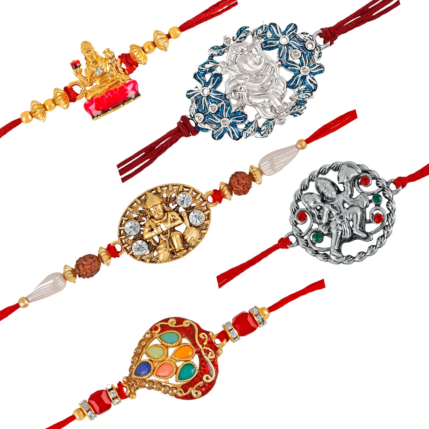 Combo of 5 Divine Assorted Goddess Laxmi Mata, Vighnaharta Ganesha, Jai Hanuman and multicolour gleaming crystal Rakhi (Bracelet)