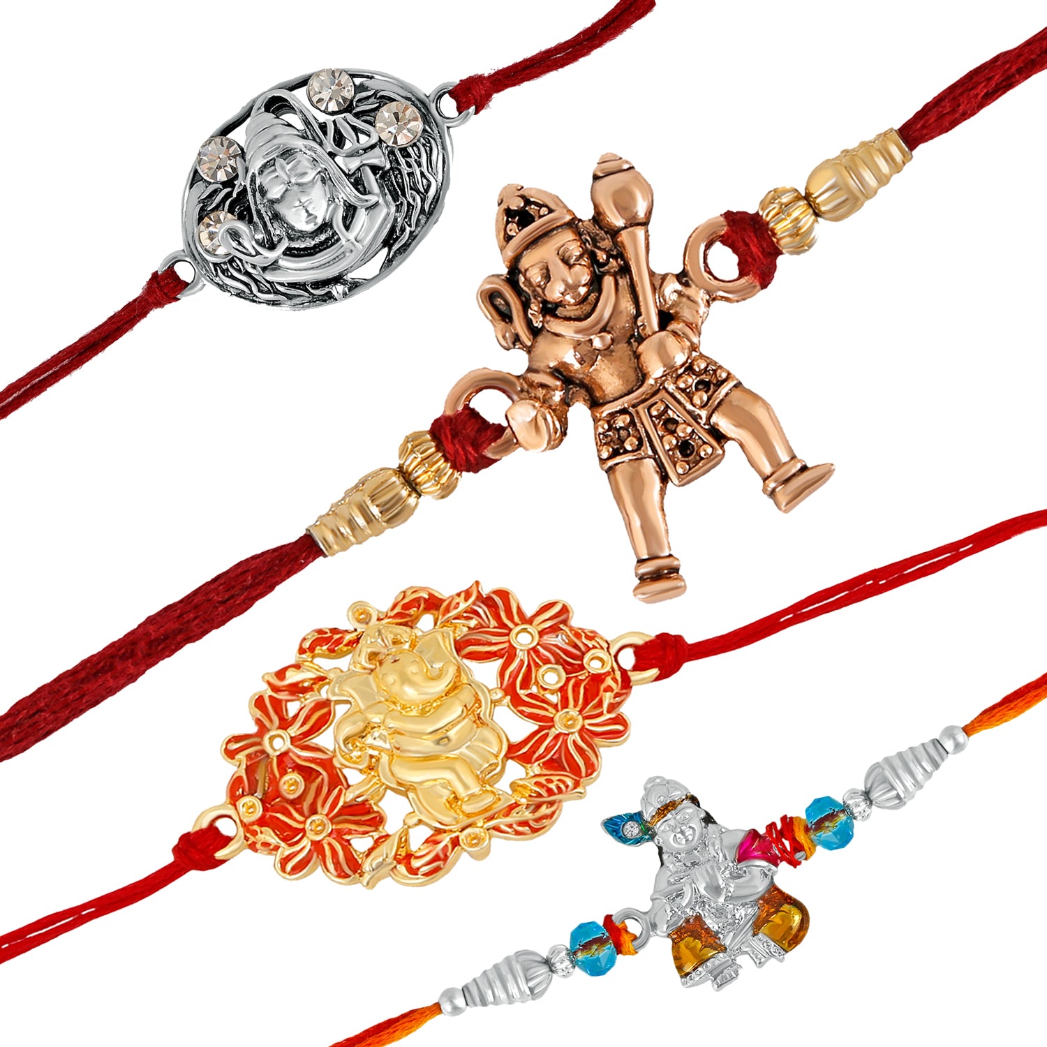 Combo of 4 Meenakari Spiritual Lord Shiva, Jai Hanuman, Lord Ganesha and Lord Krishna Rakhi (Bracelet)